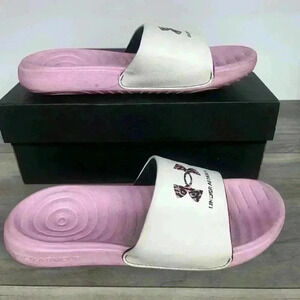 Girls Under Armour slides Y4 or womens 5.5 pink white comfy sandals beach